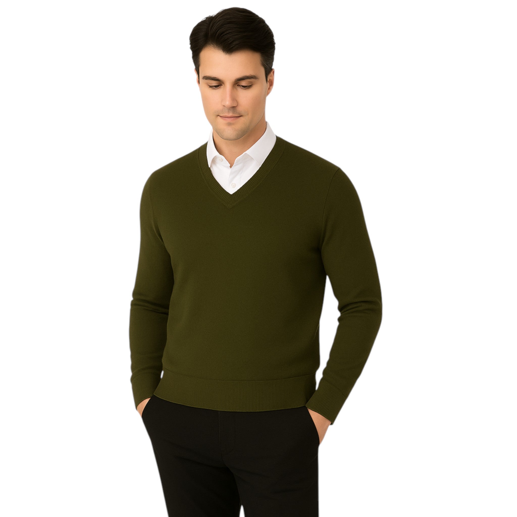 Men’s classic khaki green v-neck jumper – soft knit pullover sweater with long sleeves